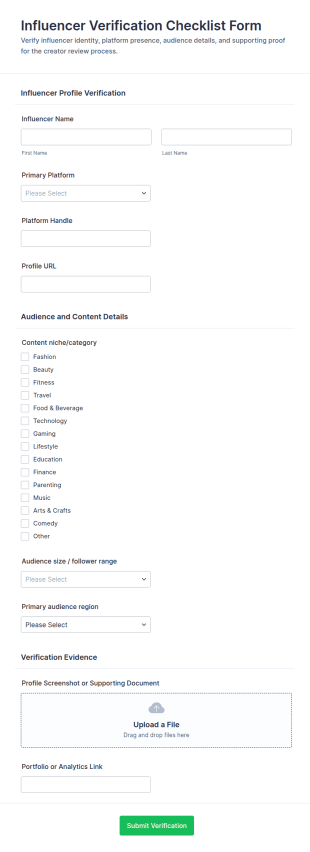 Influencer Verification Checklist Form Template