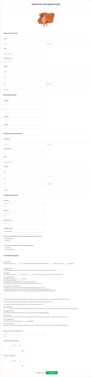 Influencer Vertragsformular Form Template