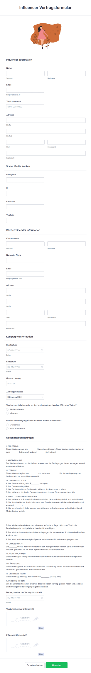 Influencer Vertragsformular