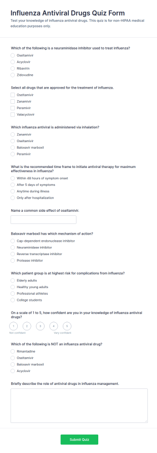 Influenza Antiviral Drugs Quiz Form Template