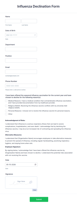 Influenza Declination Form Template