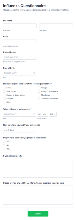 Influenza Questionnaire Form Template