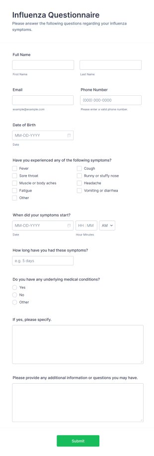 Influenza Questionnaire Form Template