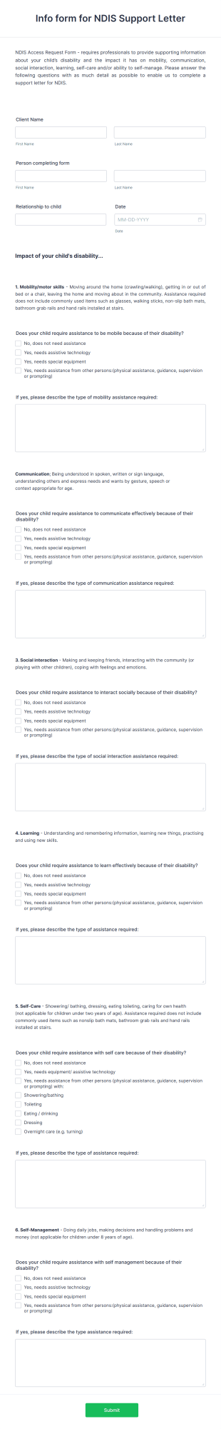 NDIS Support Letter Form Template