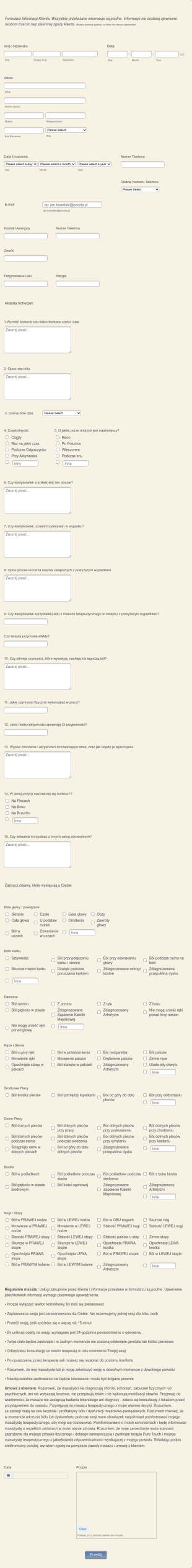 Informacje Klienta Masażu Terapeutycznego