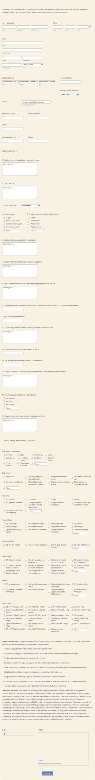 Informacje Klienta Masażu Terapeutycznego