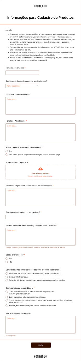 Informações Para Cadastro De Produtos Form Template