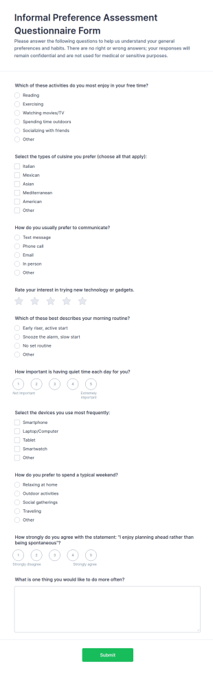 Informal Preference Assessment Questionnaire Form Template