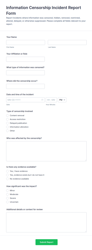 Information Censorship Incident Report Form Template