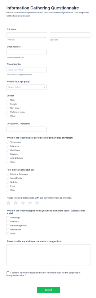 Information Gathering Questionnaire Form Template
