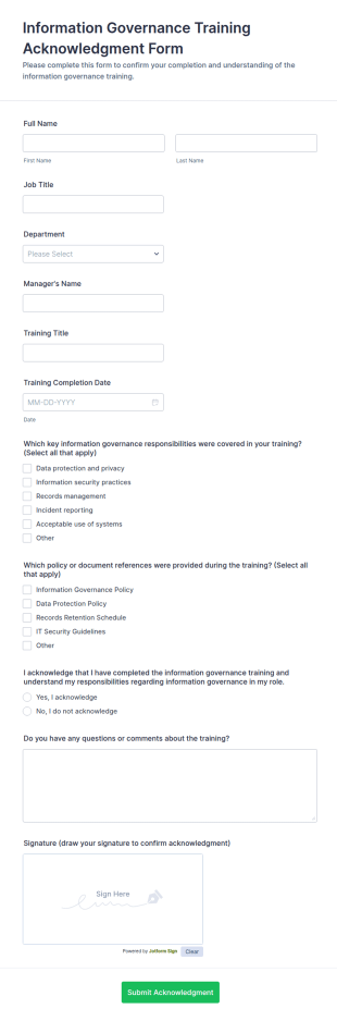 Information Governance Training Acknowledgment Form Template