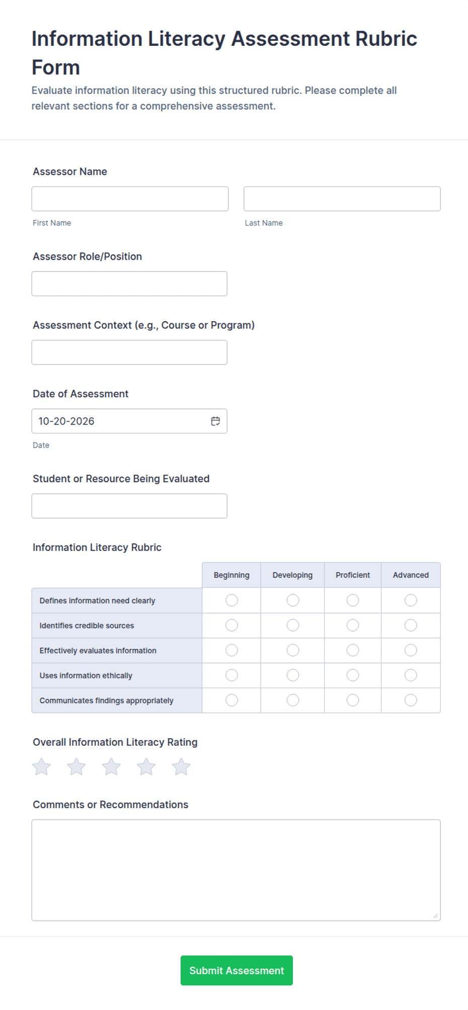 Information Literacy Assessment Rubric Form Template | Jotform