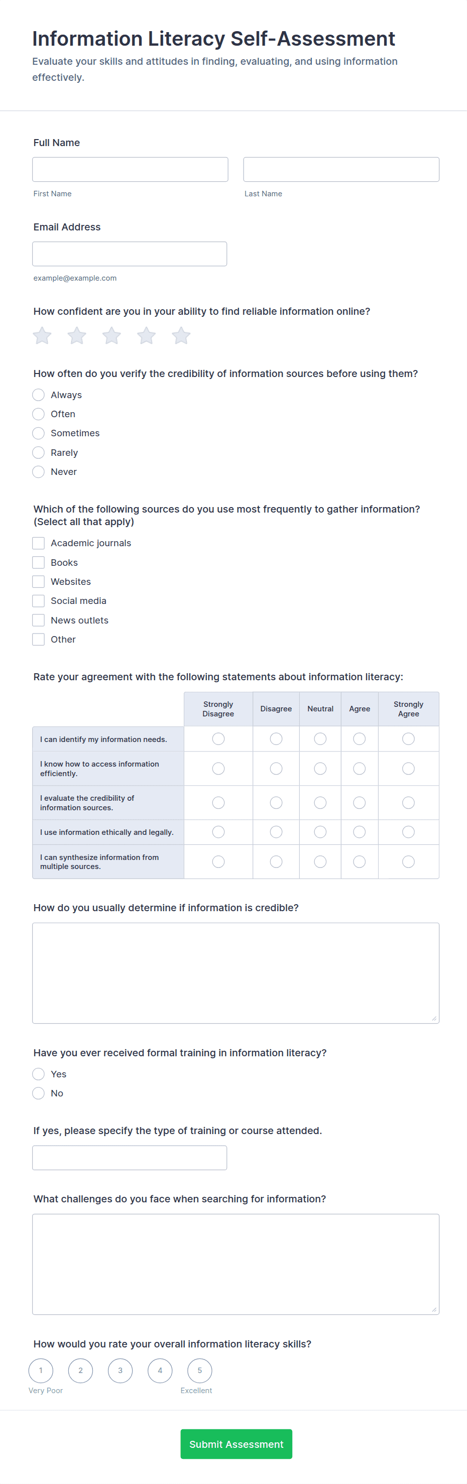 Information Literacy Self-Assessment Form Template | Jotform