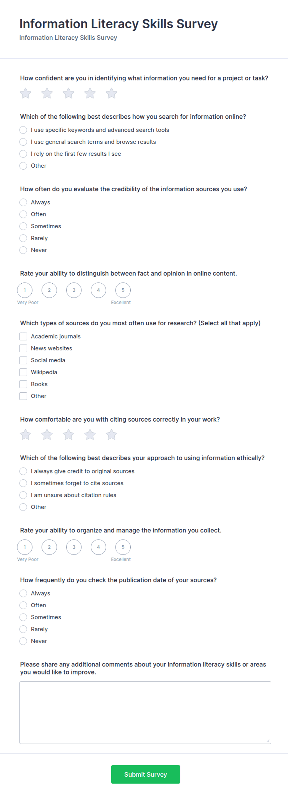 Email Info Example Information Literacy Skills Survey Form Template | Jotform