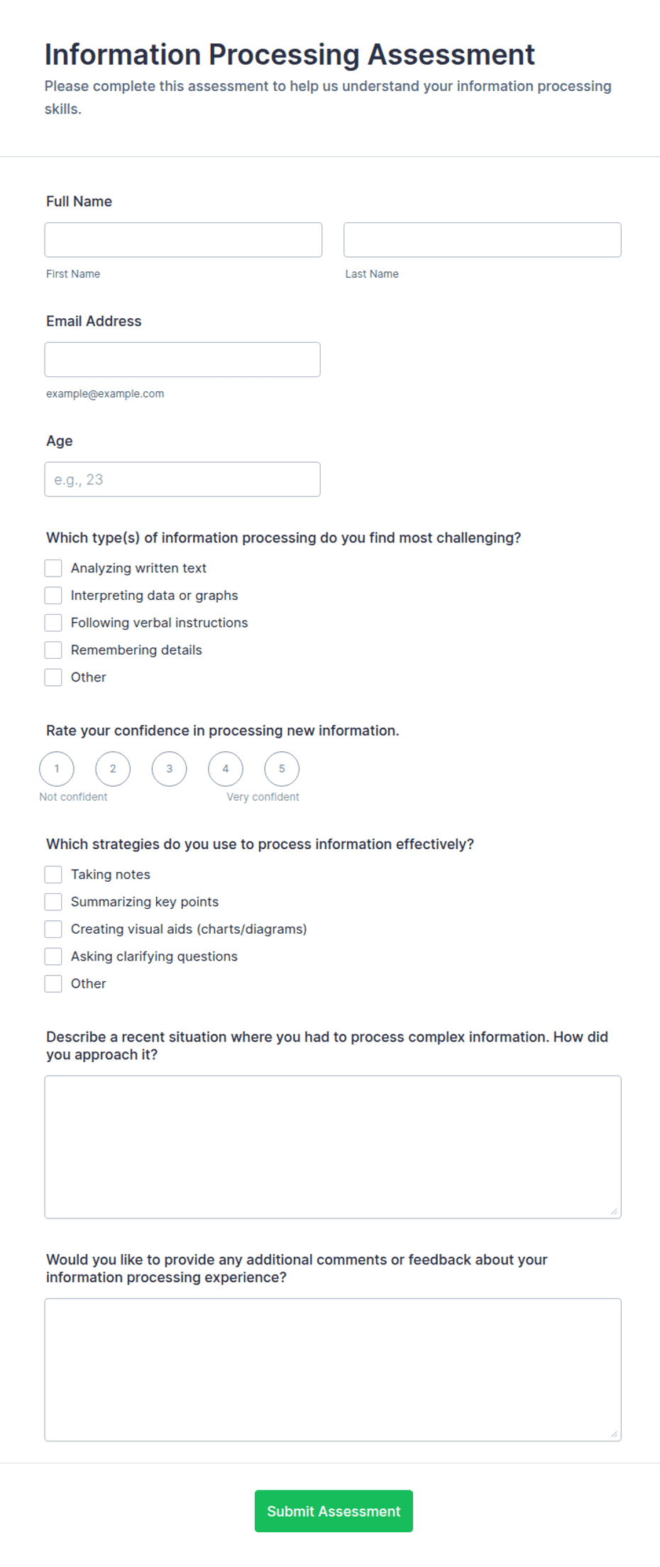 Company Inprocessing Form Example Information Processing Assessment Form Template | Jotform
