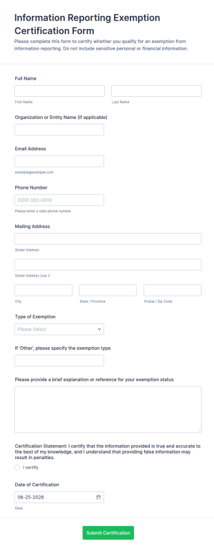 Information Reporting Exemption Certification Form Template