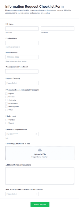 Information Request Checklist Form Template