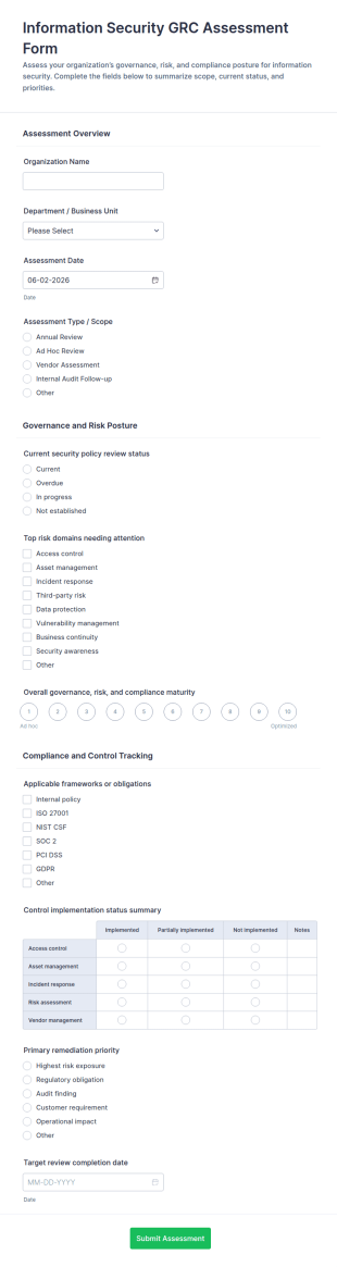 Information Security GRC Assessment Form Template