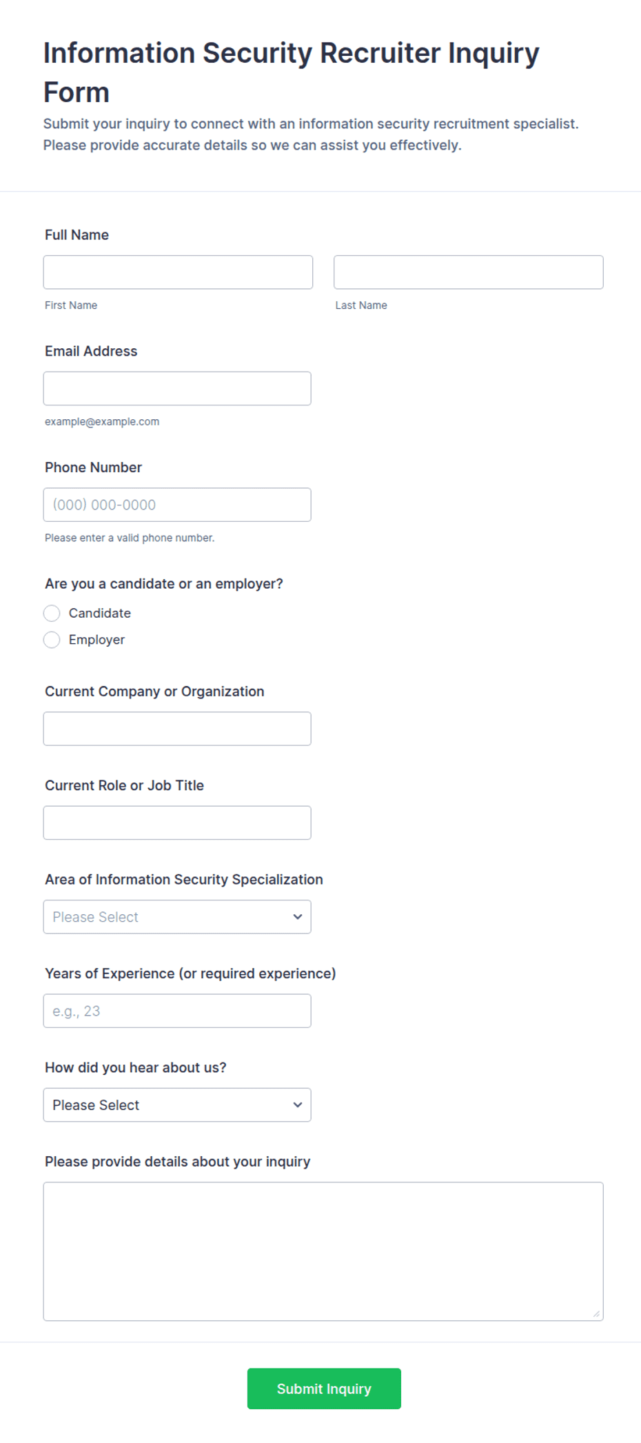 Information Security Recruiter Inquiry Form Template | Jotform
