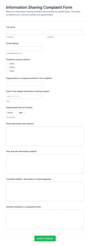 Information Sharing Complaint Form Template