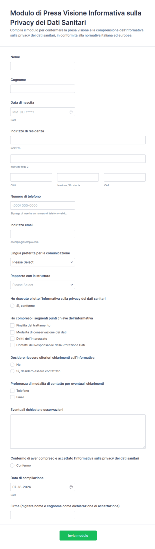Informativa Sulla Privacy Sanitaria E Dichiarazione Di Presa Visione