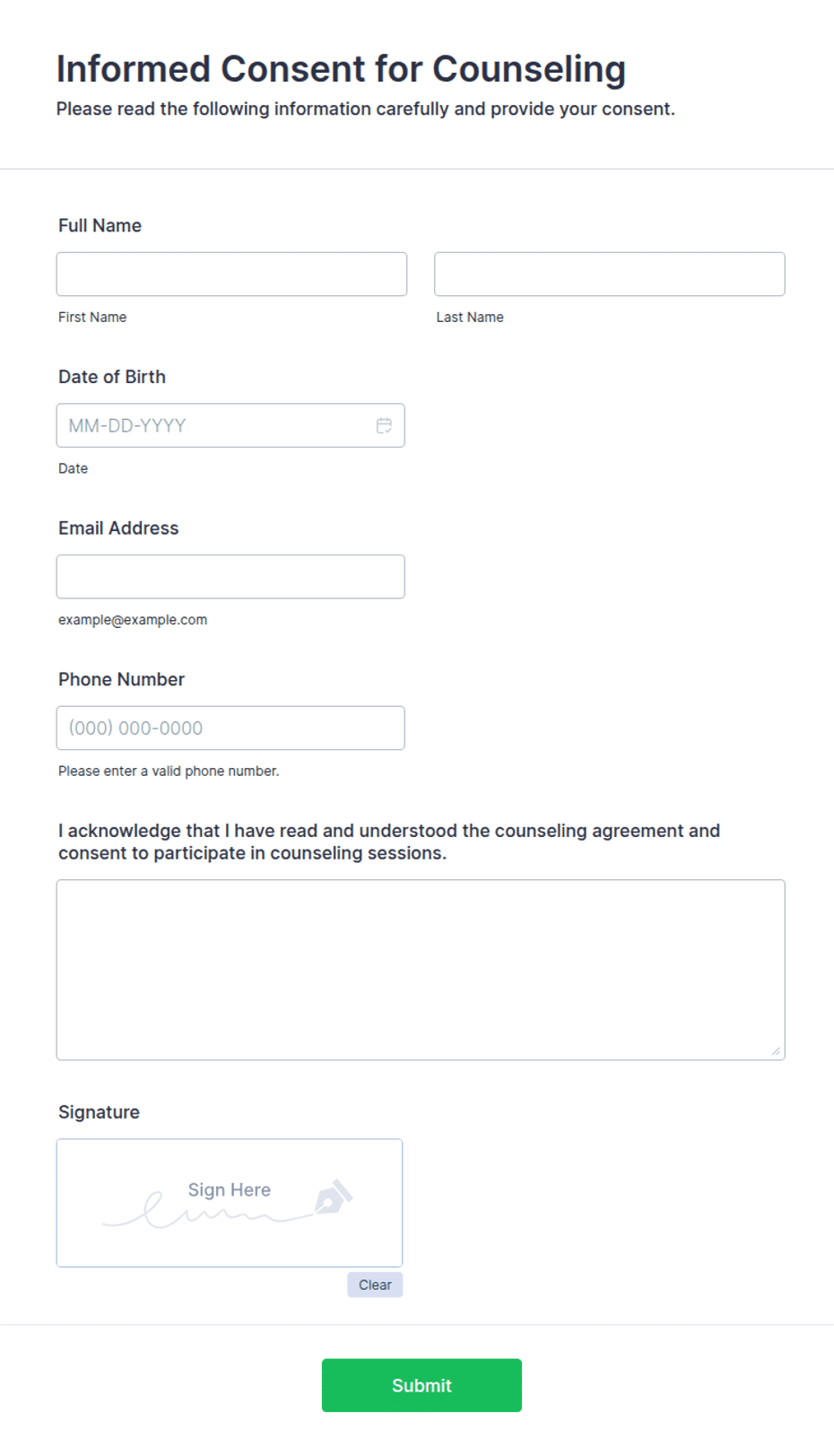 Informed Consent for Counseling Form Template Jotform