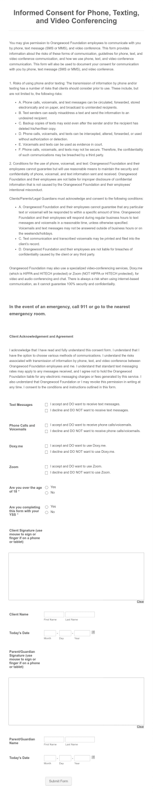 Informed Consent Phone Text And Video Form ILP Form Template