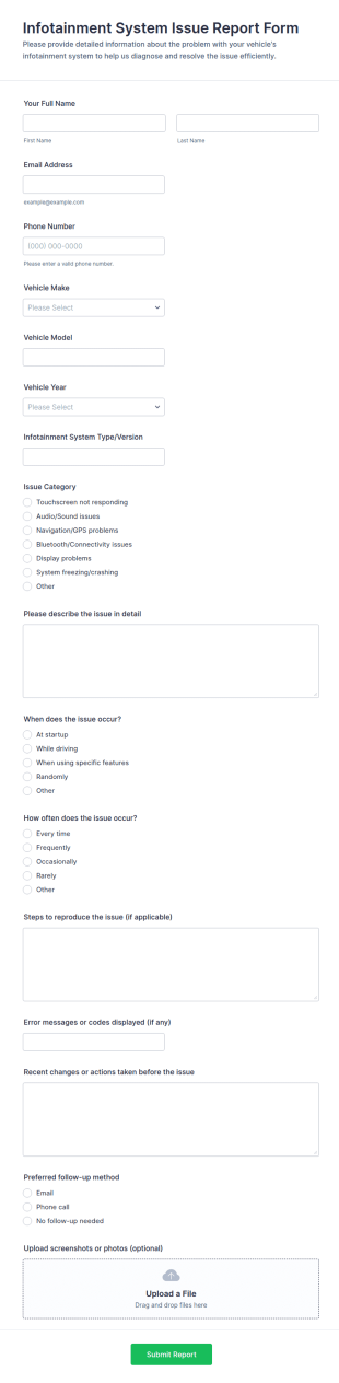 Infotainment System Issue Report Form Template