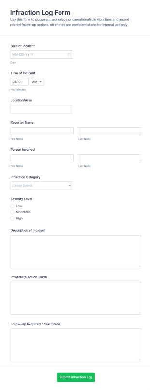 Infraction Log Form Template