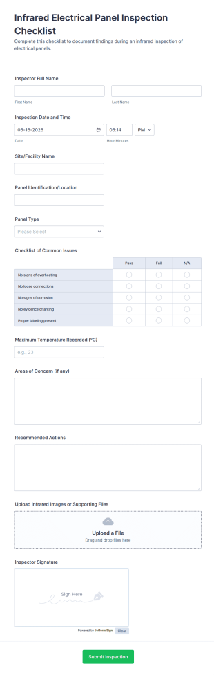 Infrared Electrical Panel Inspection Checklist Form Template