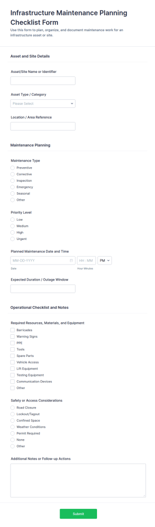 Infrastructure Maintenance Planning Checklist Form Template
