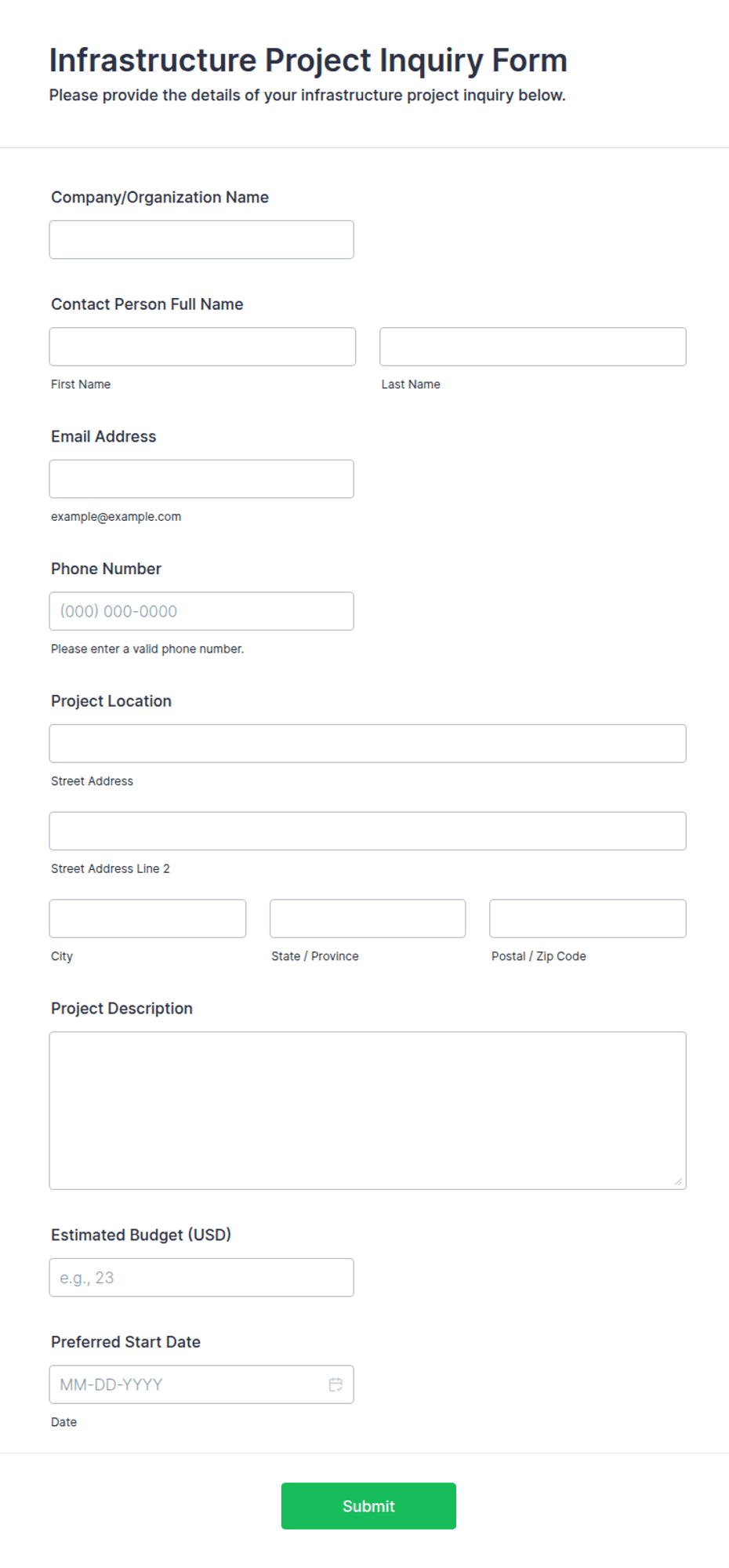 Infrastructure Project Inquiry Form Template | Jotform
