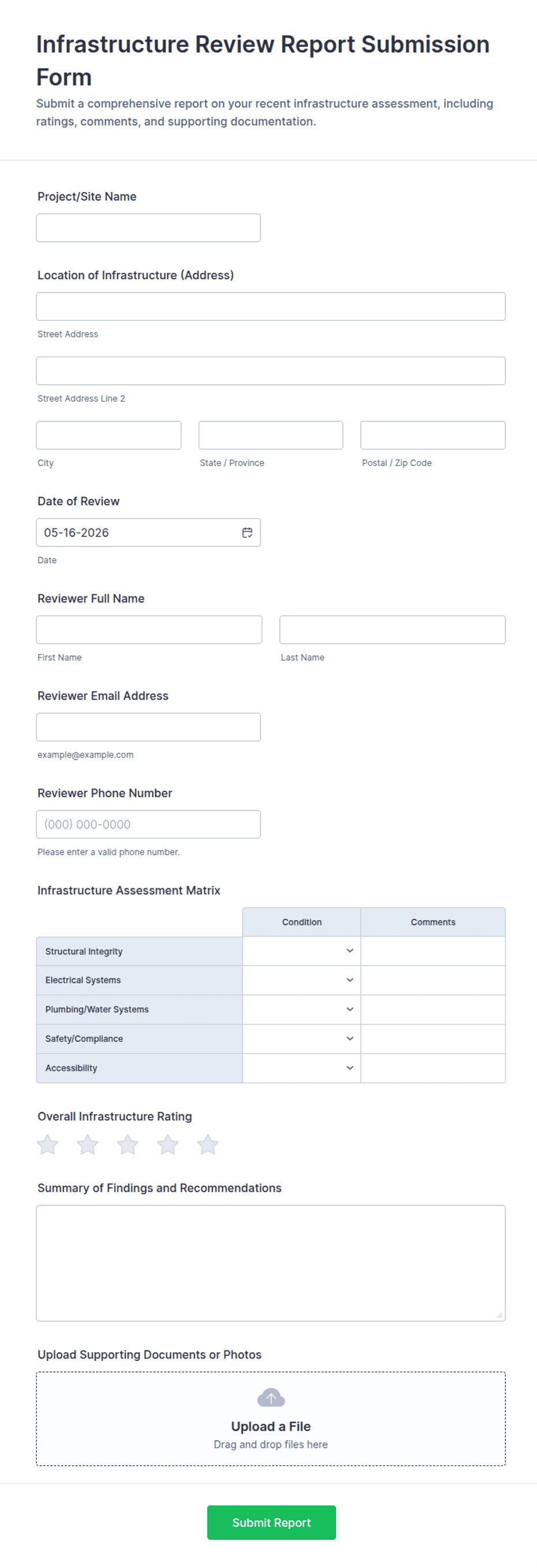 Infrastructure Review Report Submission Form Template | Jotform
