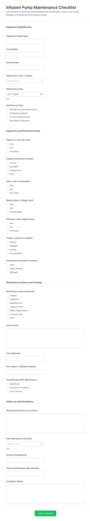 Infusion Pump Maintenance Checklist Form Template