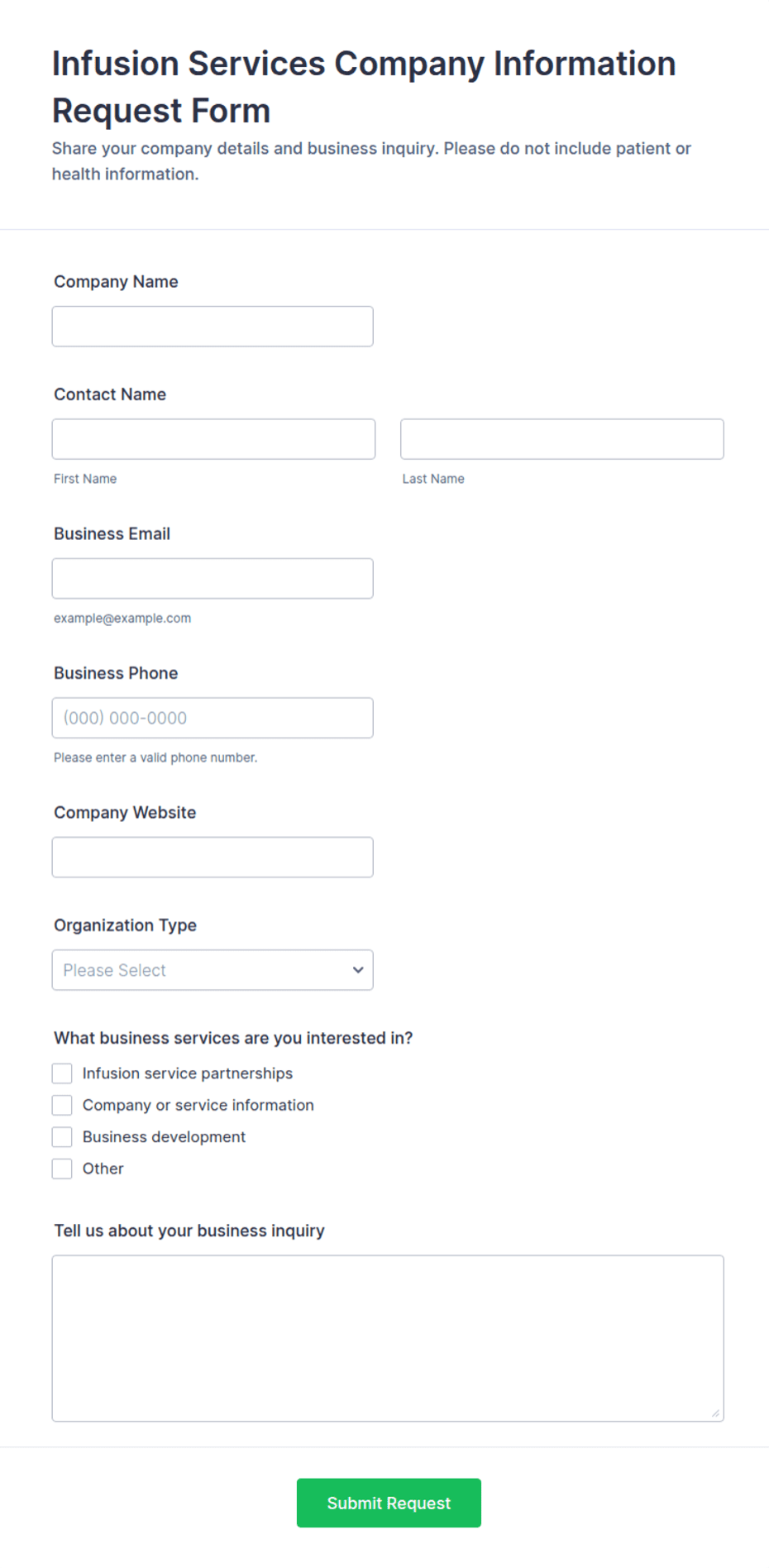 Infusion Services Company Information Request Form Template | Jotform