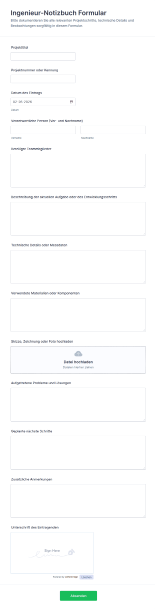 Ingenieur Notizbuch Formular