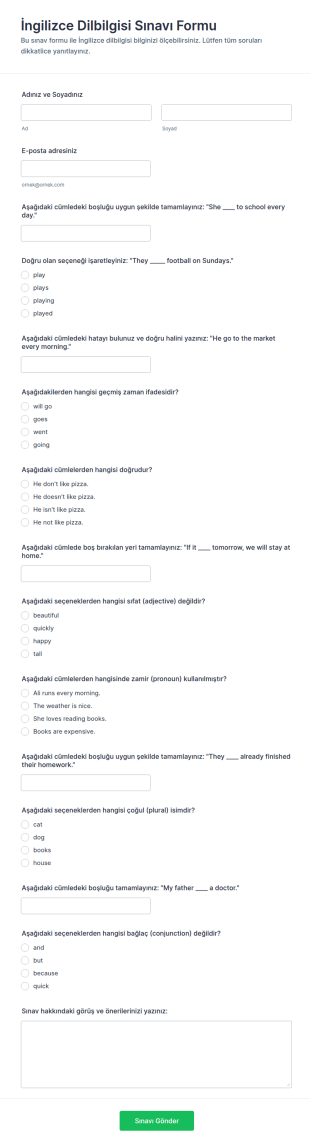 İngilizce Dilbilgisi Quiz Form Şablonu