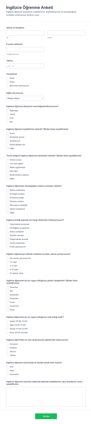 İngilizce Öğrenme Anketi Form Şablonu