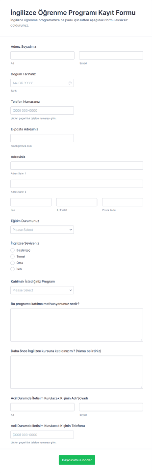 İngilizce Öğrenme Programı Kayıt Form Şablonu
