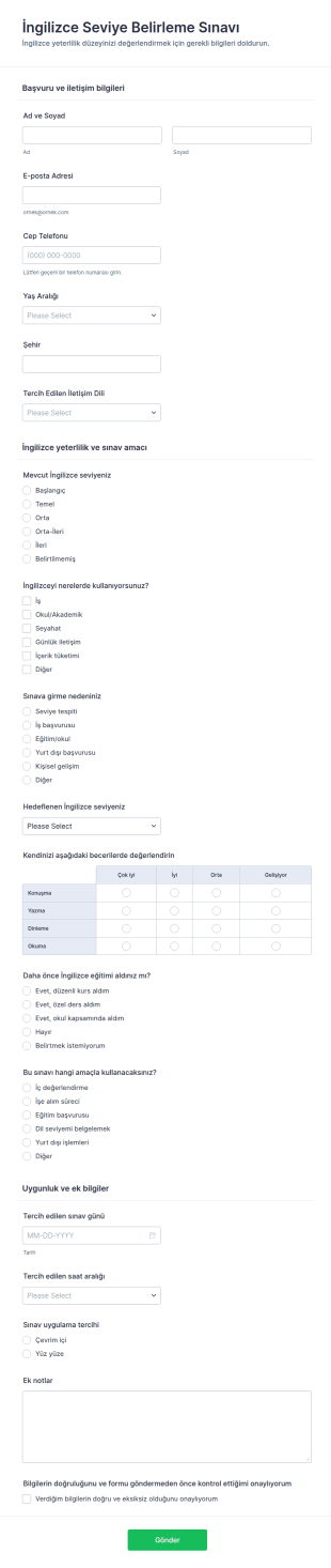 İngilizce Seviye Belirleme Sınavı Form Şablonu