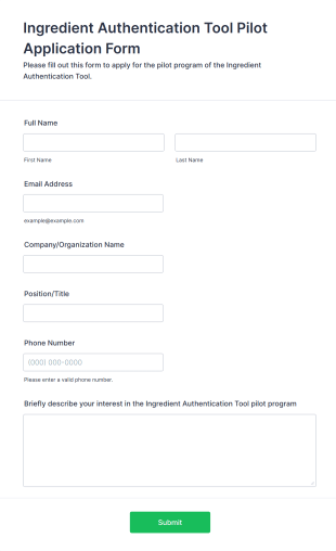 Ingredient Authentication Tool Pilot Application Form Form Template