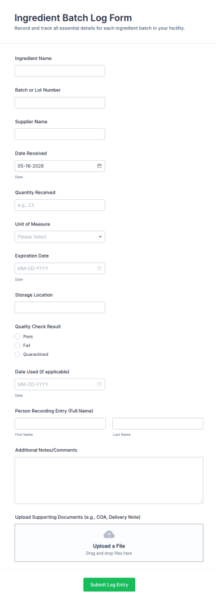 Ingredient Batch Log Form Template