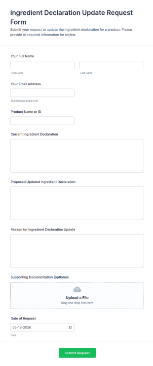 Ingredient Declaration Update Request Form Template