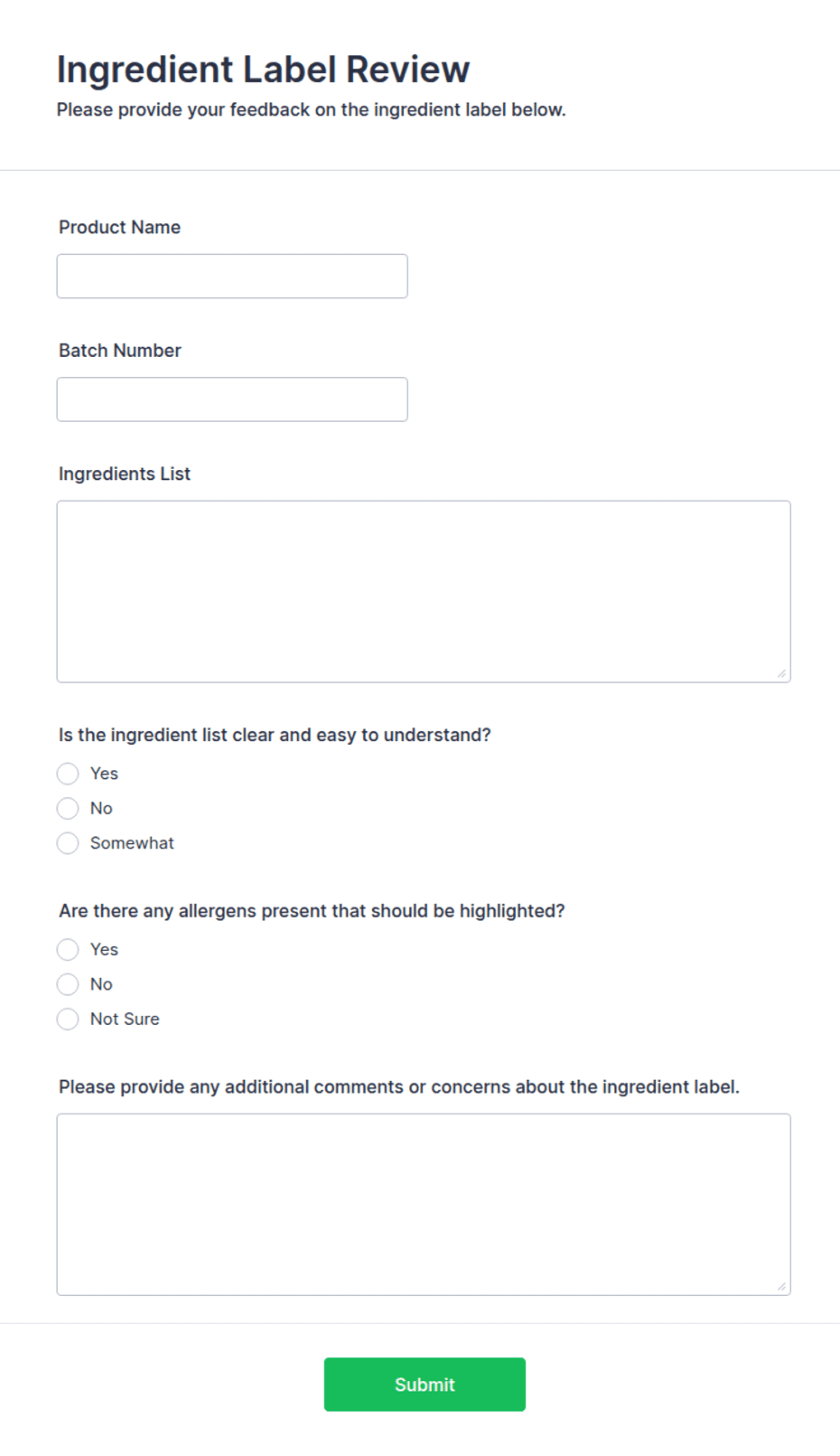Label Review Checklist Ingredient Label Review Form Template | Jotform