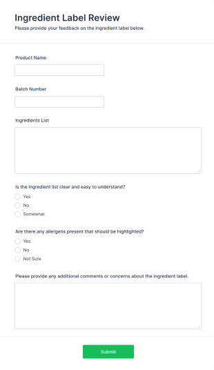 Ingredient Label Review Form Form Template