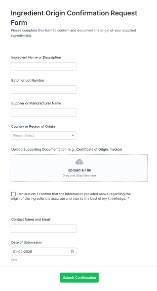 Ingredient Origin Confirmation Request Form Template