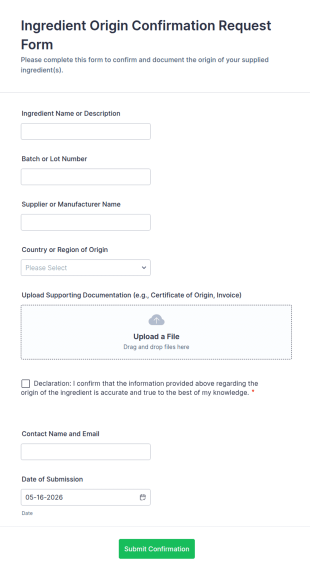 Ingredient Origin Confirmation Request Form Template