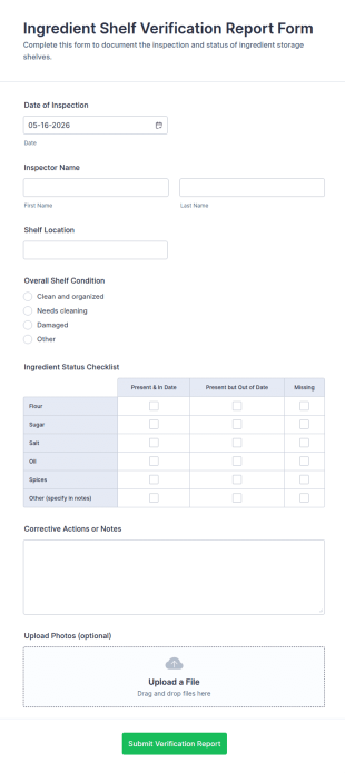 Ingredient Shelf Verification Report Form Template