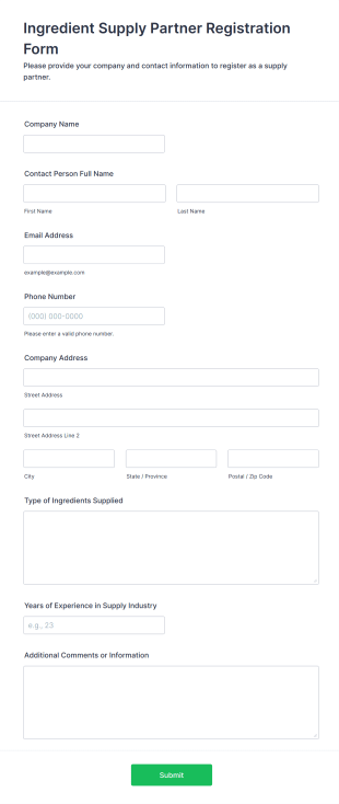 Ingredient Supply Partner Registration Form Template