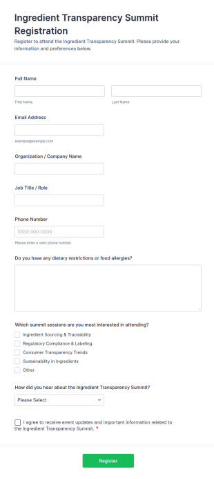 Ingredient Transparency Summit Registration Form Template